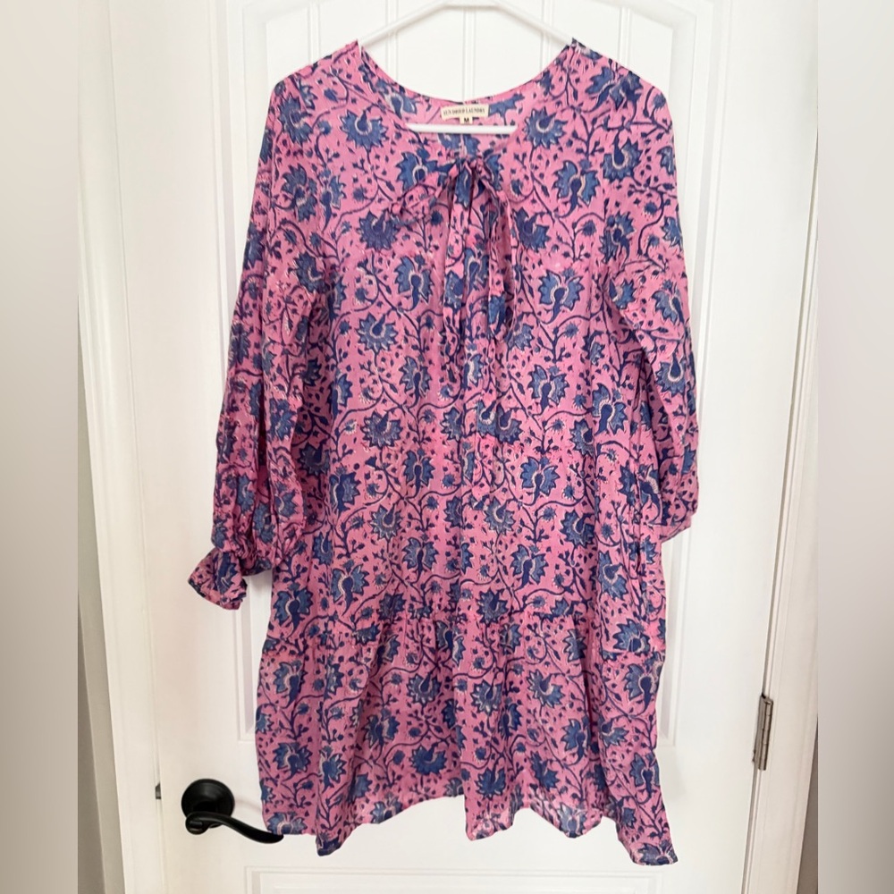 Sun Dried Laundry Pink and Blue Floral Tiered Tunic Dress with Synched Cuffs